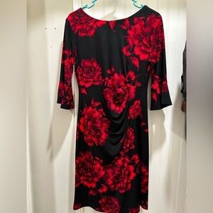 Connected Apparel Red Floral Bell Sleeve Sheath Dress size 8P EUC